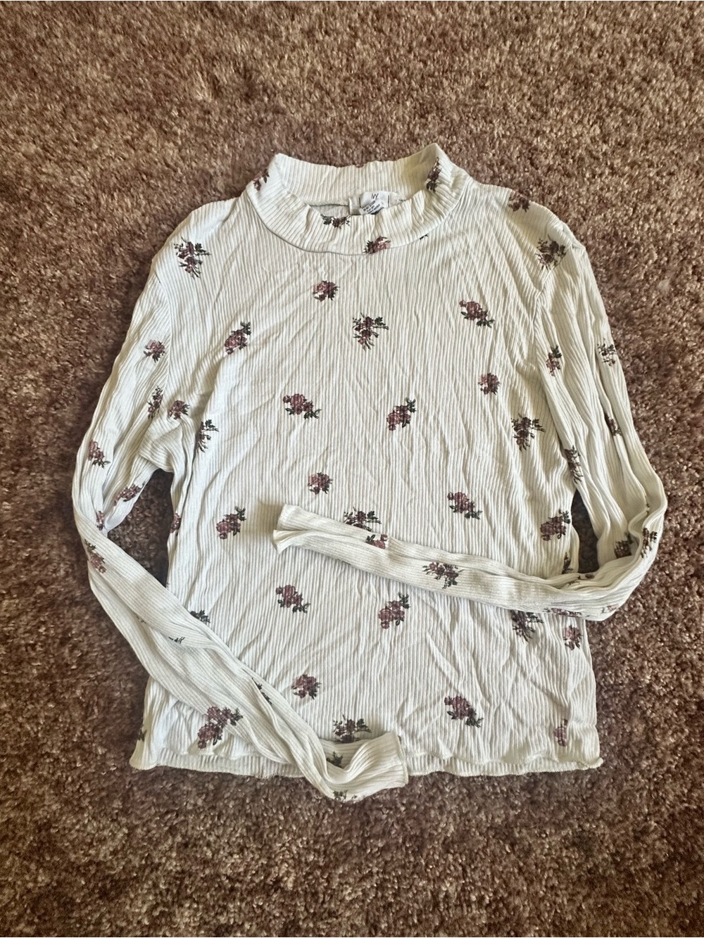 Cream Floral Long-Sleeve Mock Neck Ribbed Tee